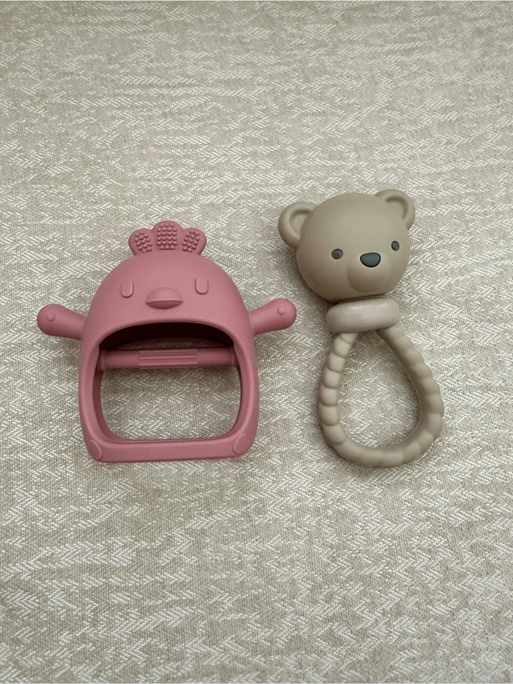 Silicone Pink Chick Teether & Beige Bear Rattle Bundle for Babies